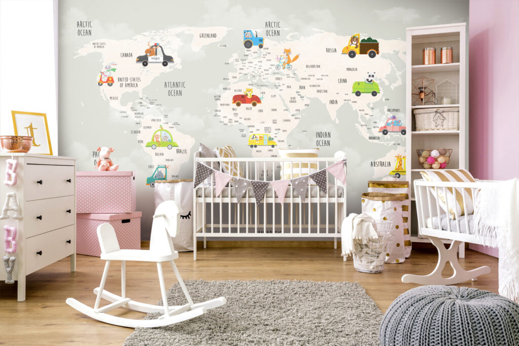 Turkish Kids World Map Wallpaper : Cartoon Vehicles Map Mural - View 3