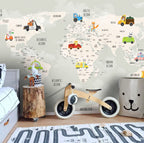 Turkish Kids World Map Wallpaper : Cartoon Vehicles Map Mural - View 4