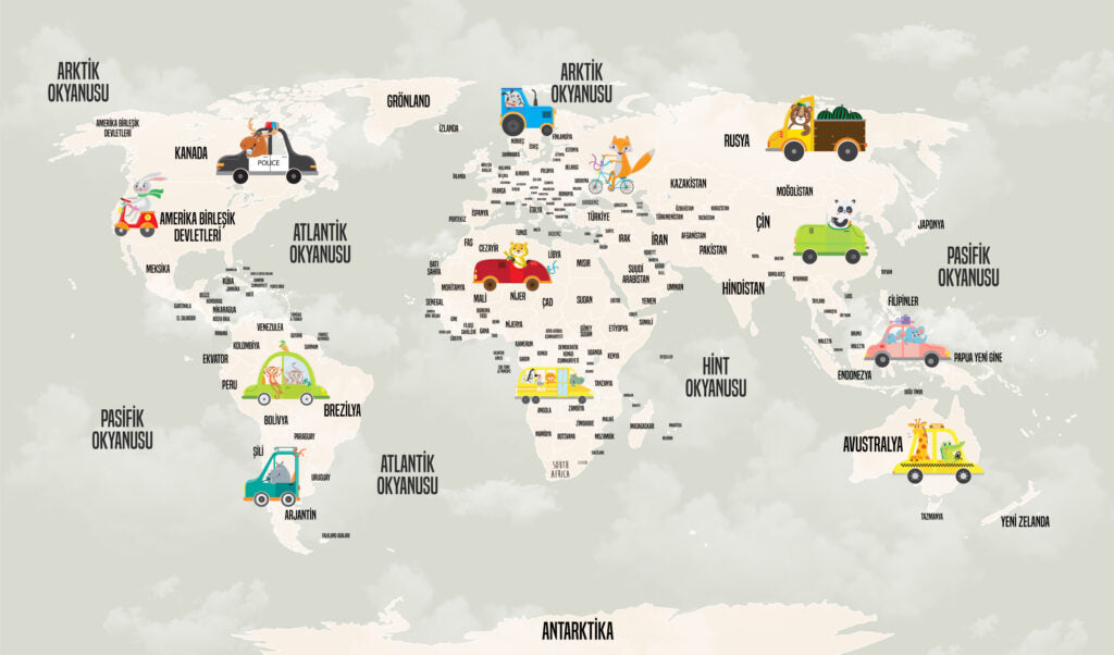 Turkish Kids World Map Wallpaper : Cartoon Vehicles Map Mural - View 2
