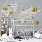 Woodland Kids World Map Wallpaper : Grey Trees and Animals Mural - View 2