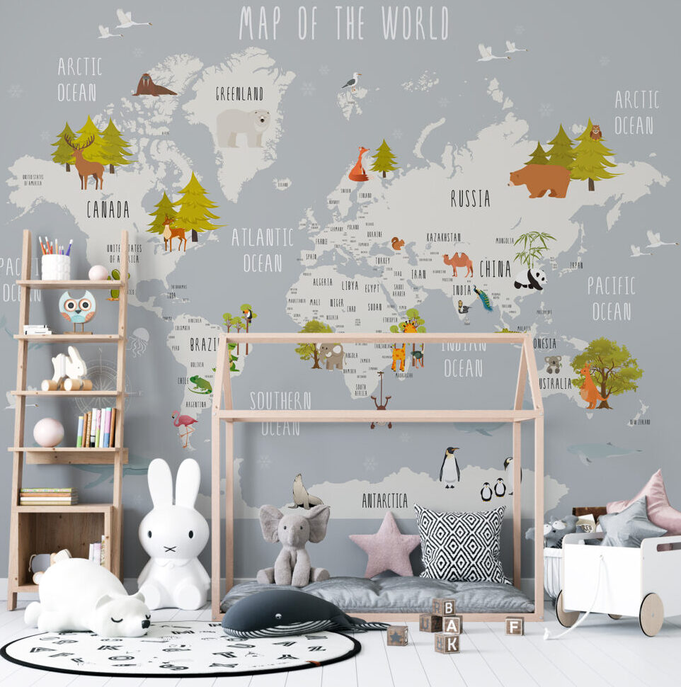 Woodland Kids World Map Wallpaper : Grey Trees and Animals Mural - View 2