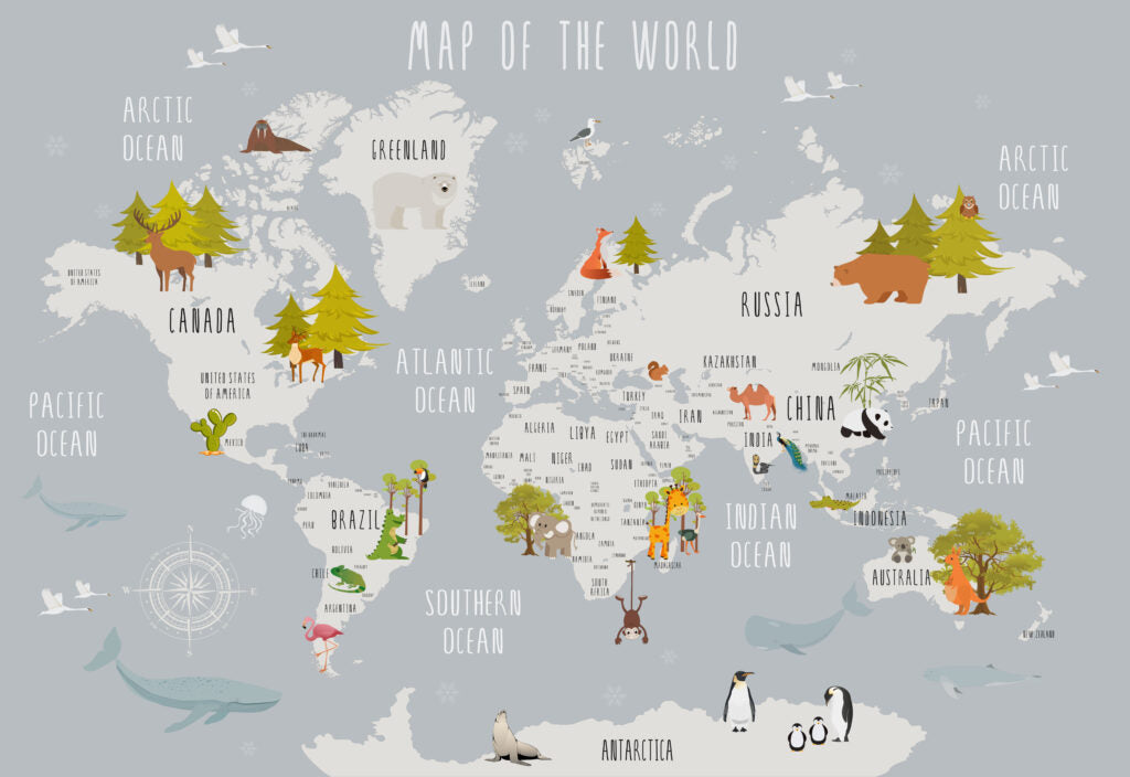 Woodland Kids World Map Wallpaper : Grey Trees and Animals Mural - flat design