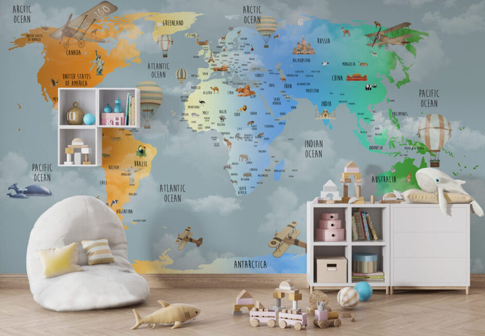 Rainbow Gradient World Map Wallpaper : Clouds and Animals Kids Mural