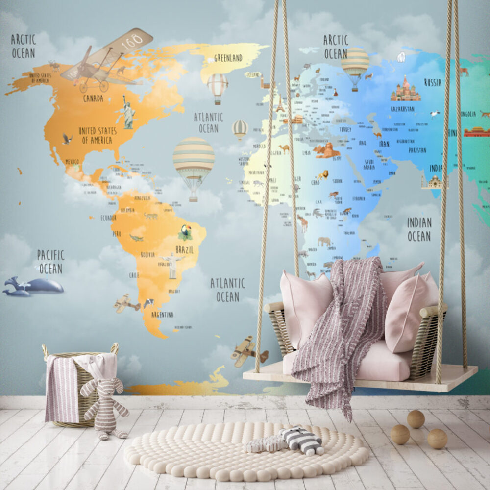 Rainbow Gradient World Map Wallpaper : Clouds and Animals Kids Mural - View 5