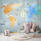 Rainbow Gradient World Map Wallpaper : Clouds and Animals Kids Mural - View 5
