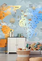 Rainbow Gradient World Map Wallpaper : Clouds and Animals Kids Mural - View 4
