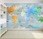Rainbow Gradient World Map Wallpaper : Clouds and Animals Kids Mural - View 3