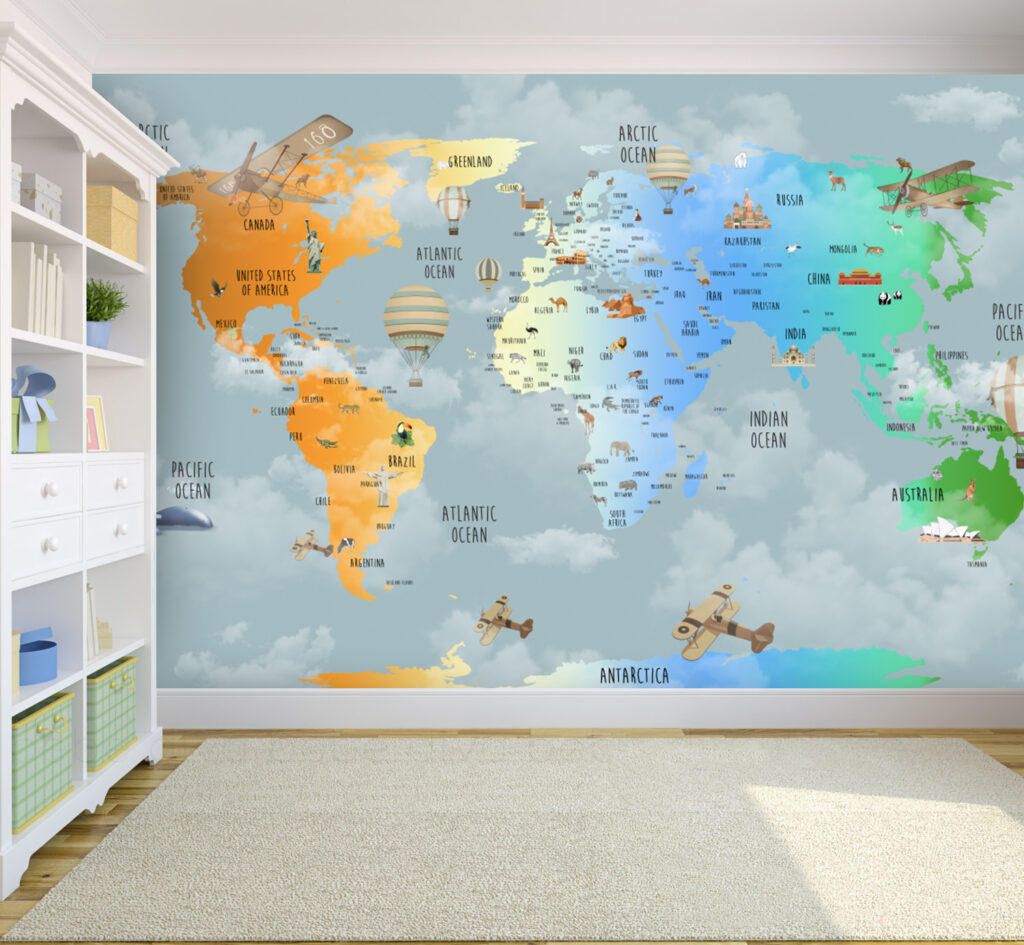 Rainbow Gradient World Map Wallpaper : Clouds and Animals Kids Mural - View 3