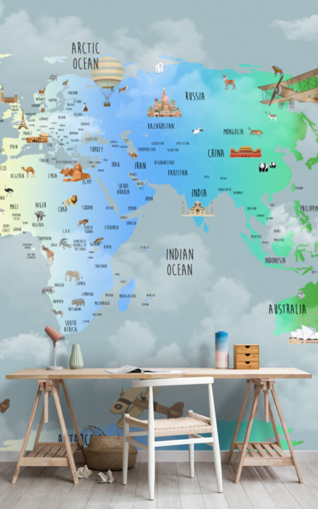 Rainbow Gradient World Map Wallpaper : Clouds and Animals Kids Mural - View 2