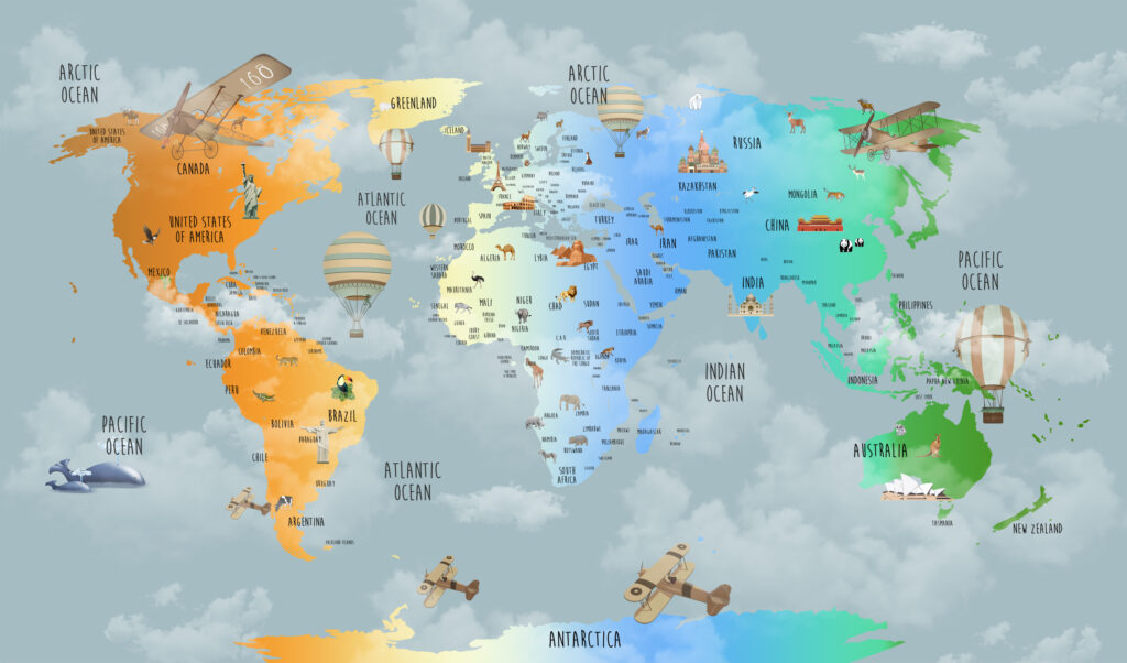 Rainbow Gradient World Map Wallpaper : Clouds and Animals Kids Mural - flat design