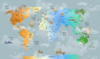 Rainbow Gradient World Map Wallpaper : Clouds and Animals Kids Mural - flat design