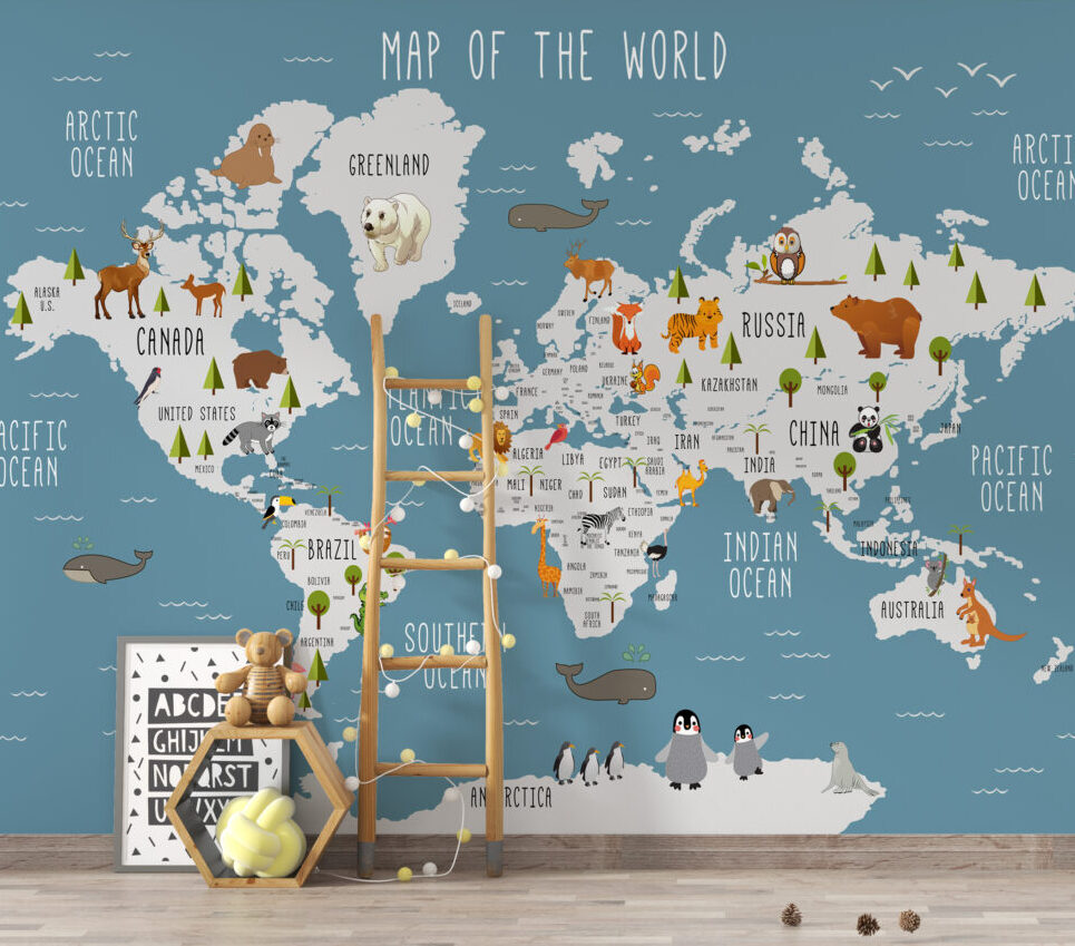 Blue Kids Animal World Map Wallpaper : Trees and Wildlife Map Mural