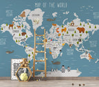 Blue Kids Animal World Map Wallpaper : Trees and Wildlife Map Mural