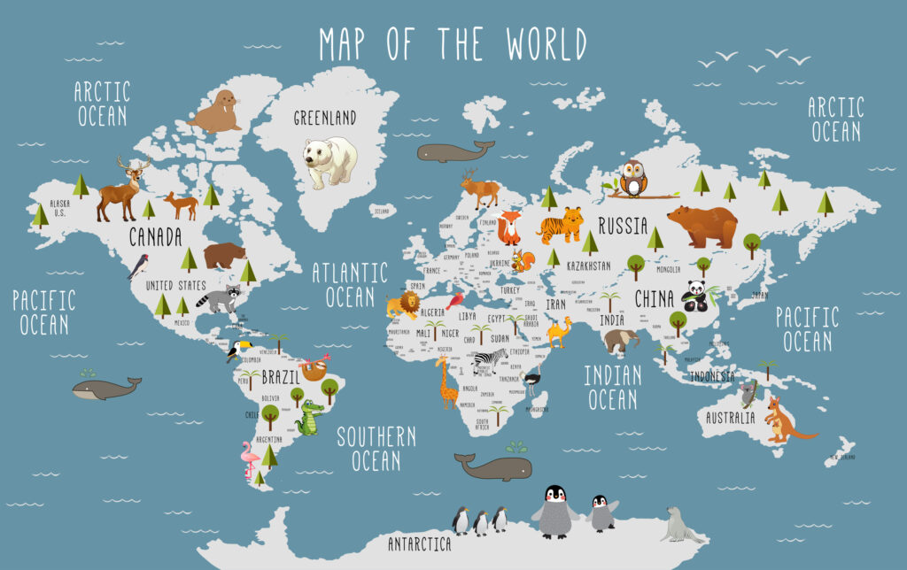 Blue Kids Animal World Map Wallpaper : Trees and Wildlife Map Mural - View 2