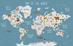 Blue Kids Animal World Map Wallpaper : Trees and Wildlife Map Mural - View 2