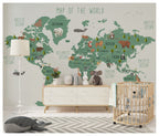 Cream Kids Animal World Map Wallpaper : Green Continents Map Mural - View 5