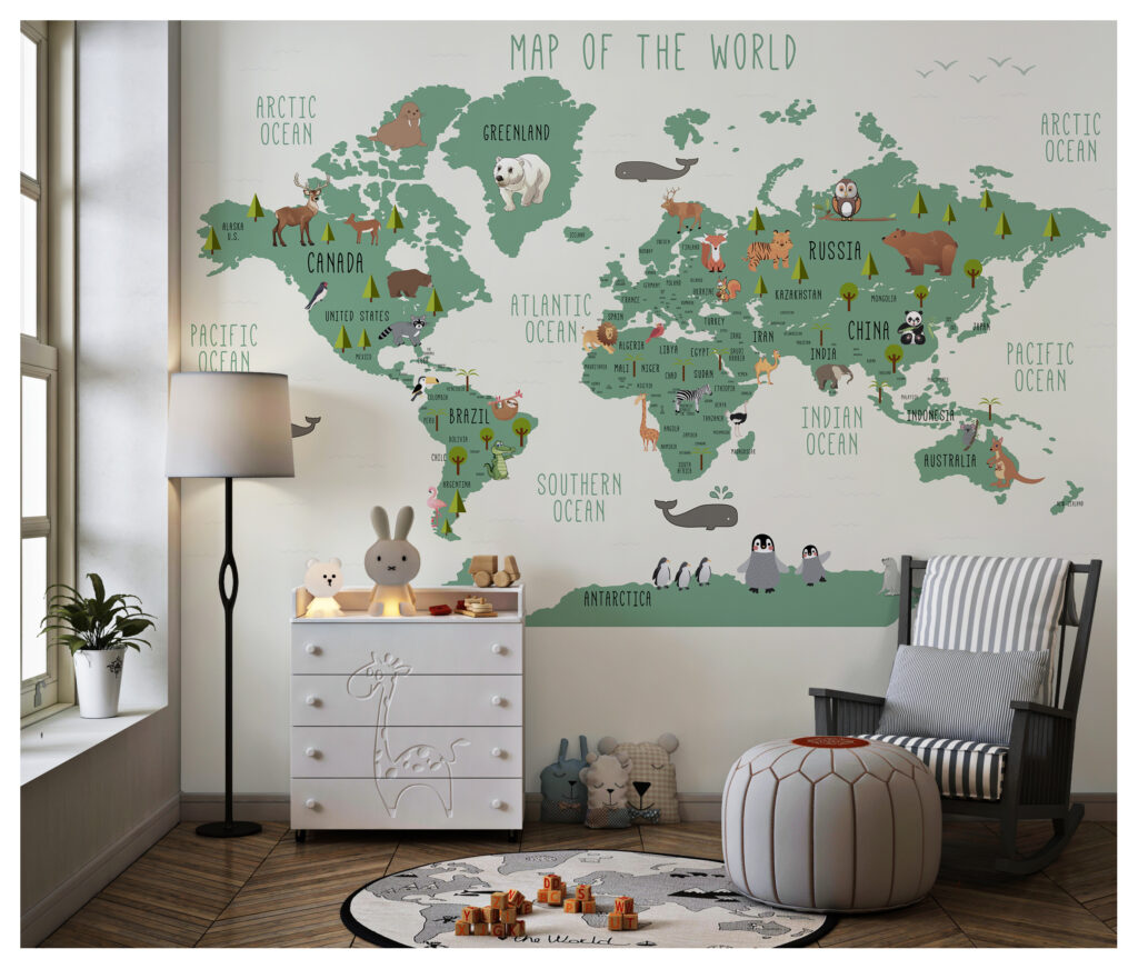 Cream Kids Animal World Map Wallpaper : Green Continents Map Mural - View 3