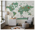 Cream Kids Animal World Map Wallpaper : Green Continents Map Mural - View 3