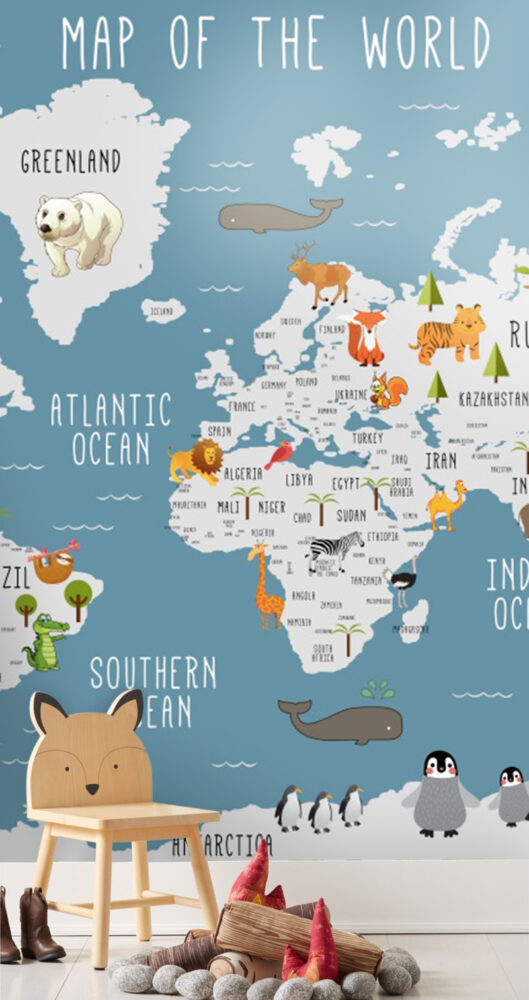 Blue Kids Animal World Map Wallpaper : Trees and Wildlife Map Mural - View 4