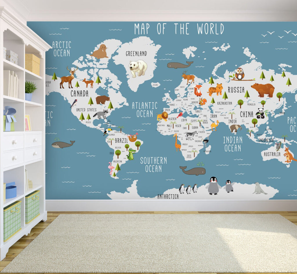 Blue Kids Animal World Map Wallpaper : Trees and Wildlife Map Mural - View 5