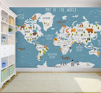 Blue Kids Animal World Map Wallpaper : Trees and Wildlife Map Mural - View 5