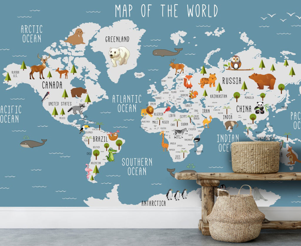 Blue Kids Animal World Map Wallpaper : Trees and Wildlife Map Mural - View 3