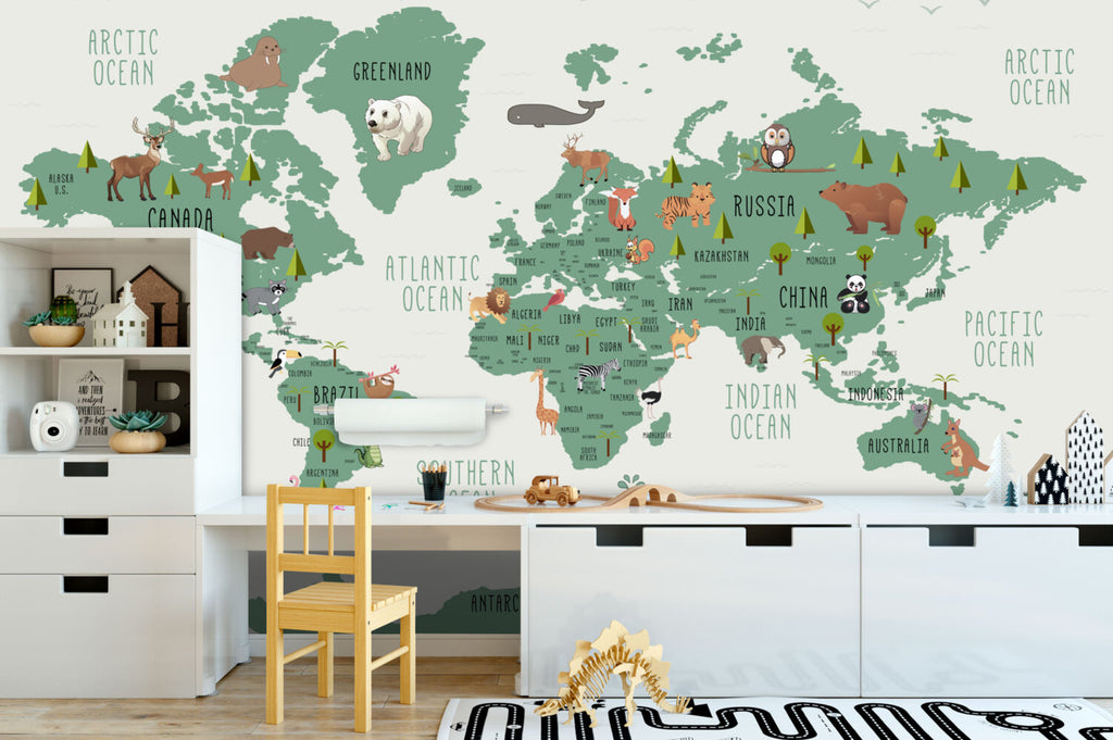 Cream Kids Animal World Map Wallpaper : Green Continents Map Mural