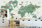 Cream Kids Animal World Map Wallpaper : Green Continents Map Mural