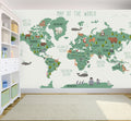 Teal Kids Animal World Map Wallpaper : Wildlife Around the World Mural