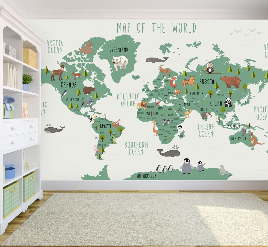Teal Kids Animal World Map Wallpaper : Wildlife Around the World Mural