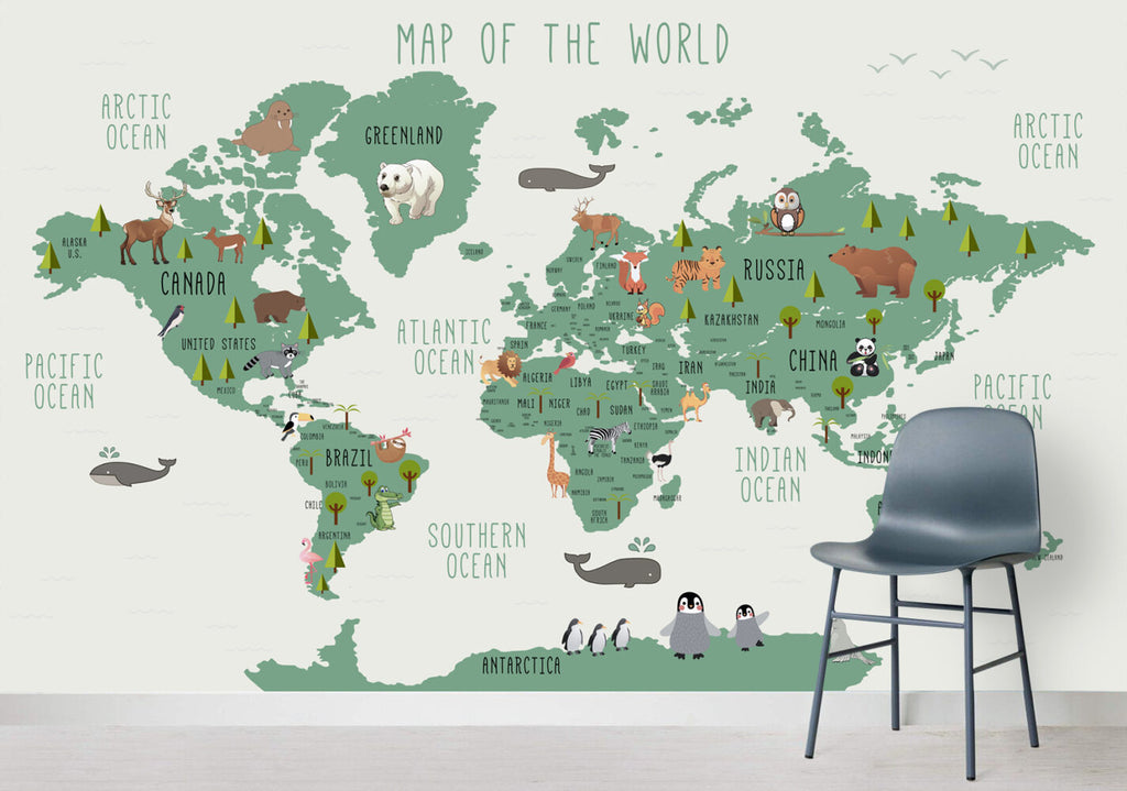 Cream Kids Animal World Map Wallpaper : Green Continents Map Mural - View 4