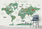 Cream Kids Animal World Map Wallpaper : Green Continents Map Mural - View 4