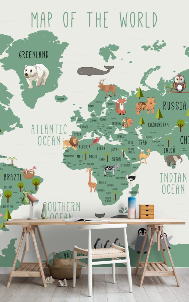 Cream Kids Animal World Map Wallpaper : Green Continents Map Mural - View 6