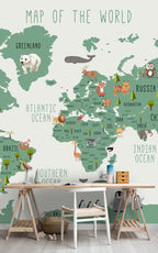 Cream Kids Animal World Map Wallpaper : Green Continents Map Mural - View 6