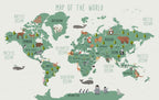 Cream Kids Animal World Map Wallpaper : Green Continents Map Mural - View 2