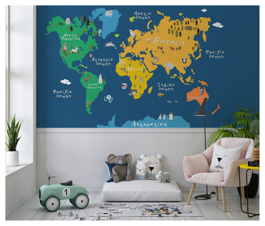 Navy Kids Animal World Map Wallpaper : Bright Continents Mural - View 3