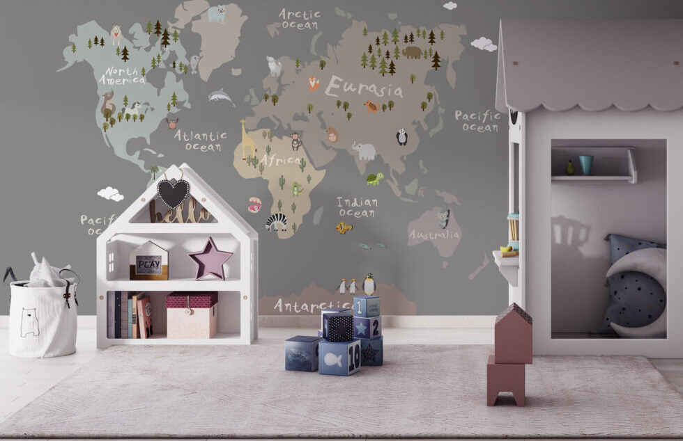 Taupe Kids World Map Wallpaper : Cactus and Animal Doodles Mural