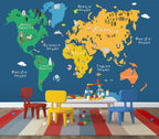 Navy Kids Animal World Map Wallpaper : Bright Continents Mural