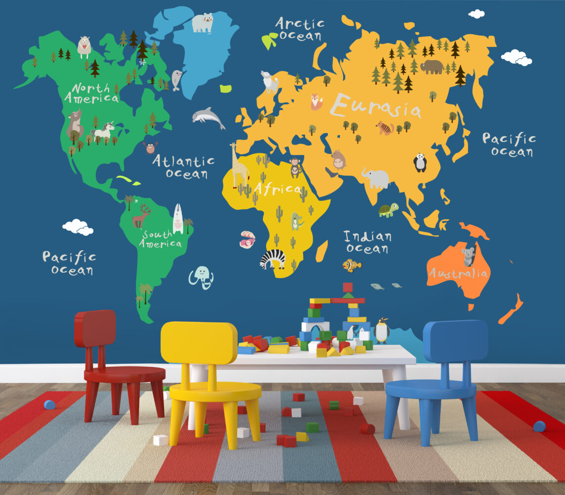 Navy Kids Animal World Map Wallpaper : Bright Continents Mural