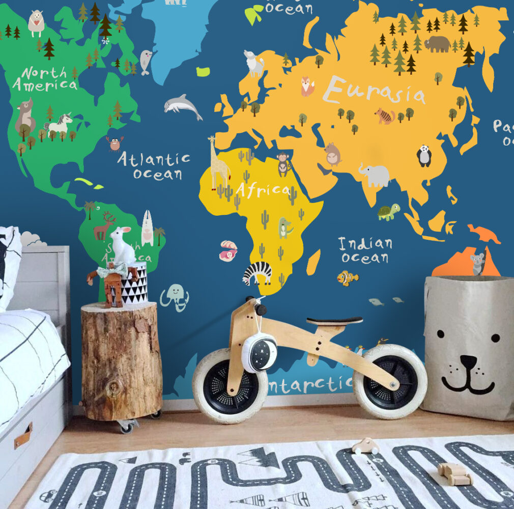 Navy Kids Animal World Map Wallpaper : Bright Continents Mural - View 6