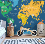 Navy Kids Animal World Map Wallpaper : Bright Continents Mural - View 6