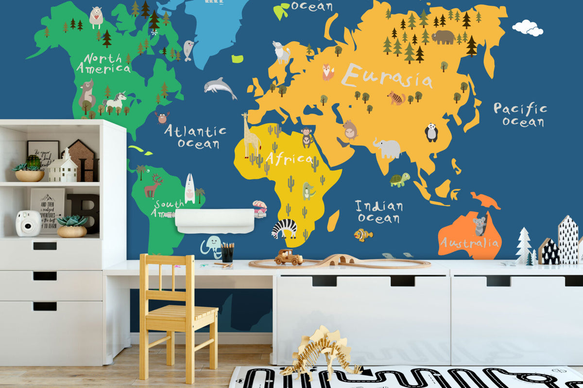 Navy Kids Animal World Map Wallpaper : Bright Continents Mural - View 4