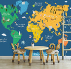 Navy Kids Animal World Map Wallpaper : Bright Continents Mural - View 5