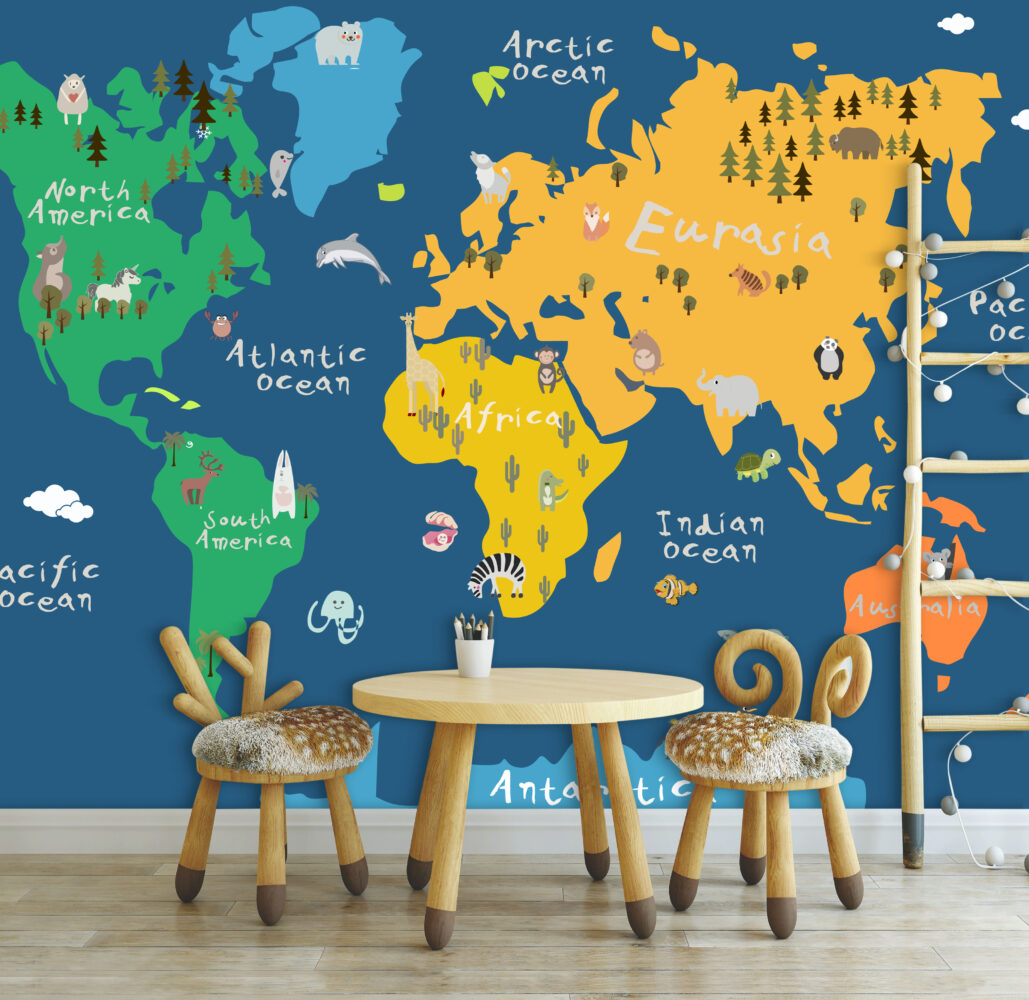 Navy Kids Animal World Map Wallpaper : Bright Continents Mural - View 5