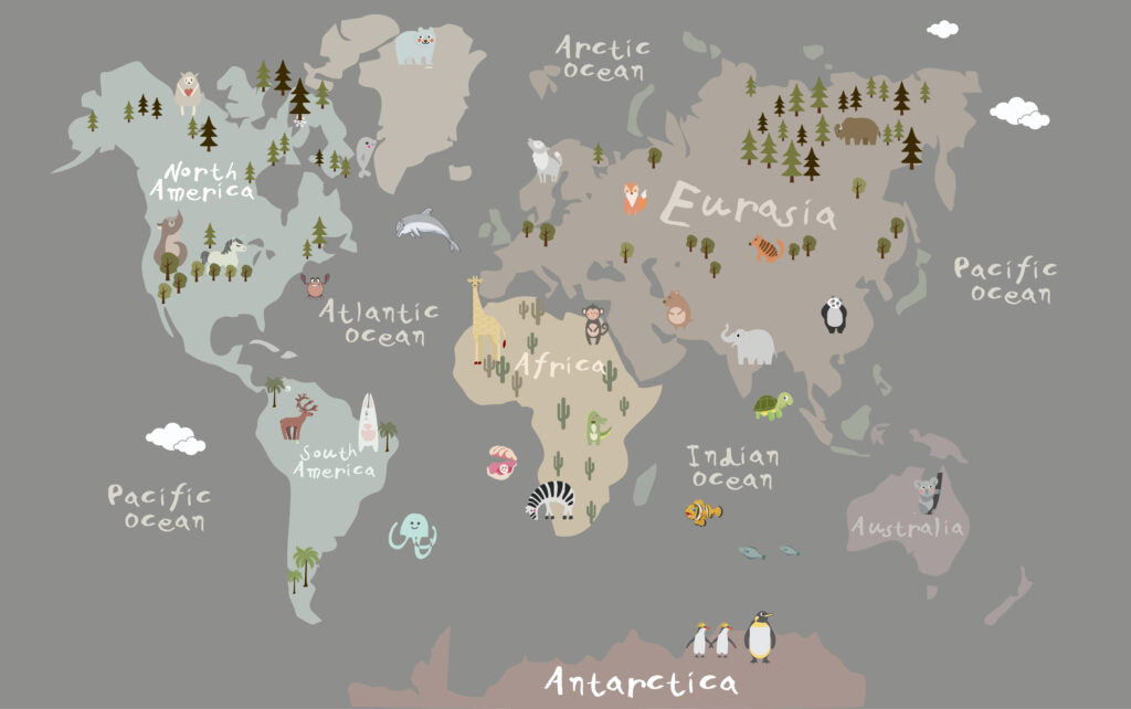 Taupe Kids World Map Wallpaper : Cactus and Animal Doodles Mural - flat design