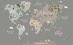 Taupe Kids World Map Wallpaper : Cactus and Animal Doodles Mural - flat design