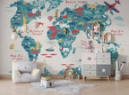 Colorful Kids Animal Map Wallpaper : Teal Continents Light Mural