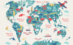 Colorful Kids Animal Map Wallpaper : Teal Continents Light Mural - View 2