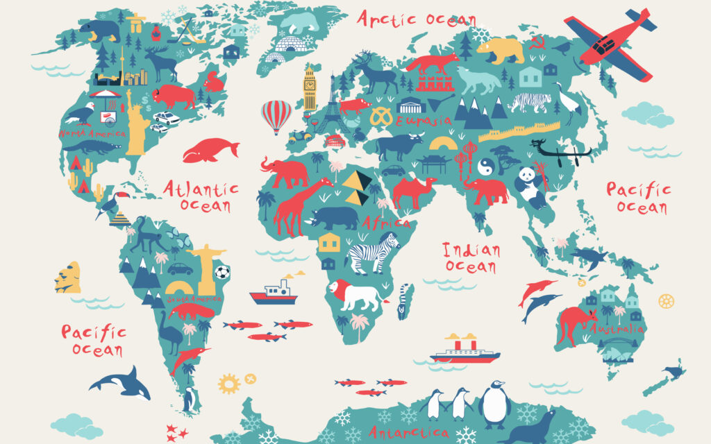 Colorful Kids Animal Map Wallpaper : Teal Continents Light Mural - View 2