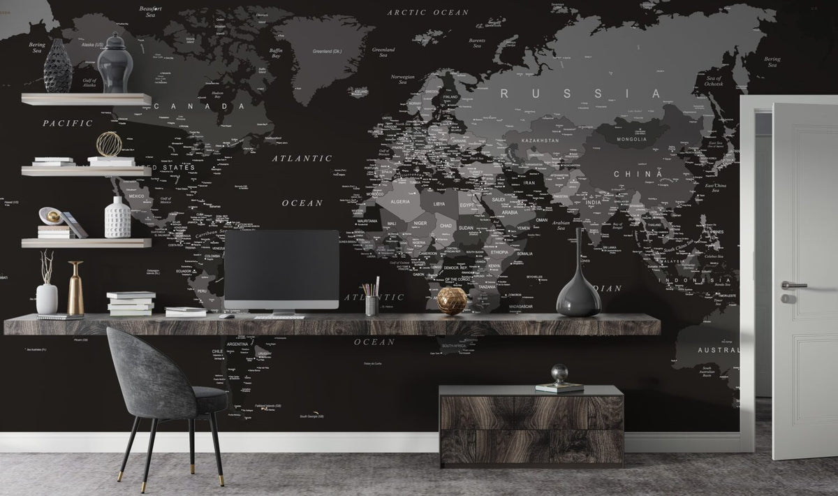Black World Map Wallpaper : Charcoal Political Atlas Mural